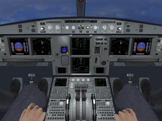 Two pilots in virtual reality cockpit simulator during an immersive flight training exercise.