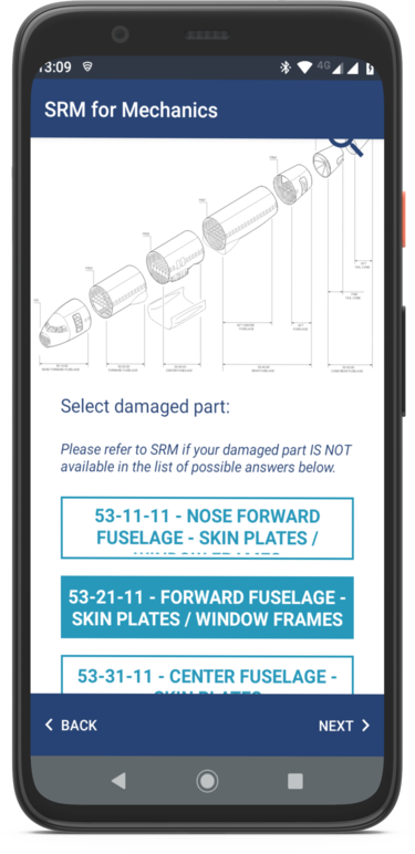 Damaged part selection on fuselage