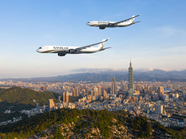 Rendering of Starlux A330neo and A350 flying over Taipei City