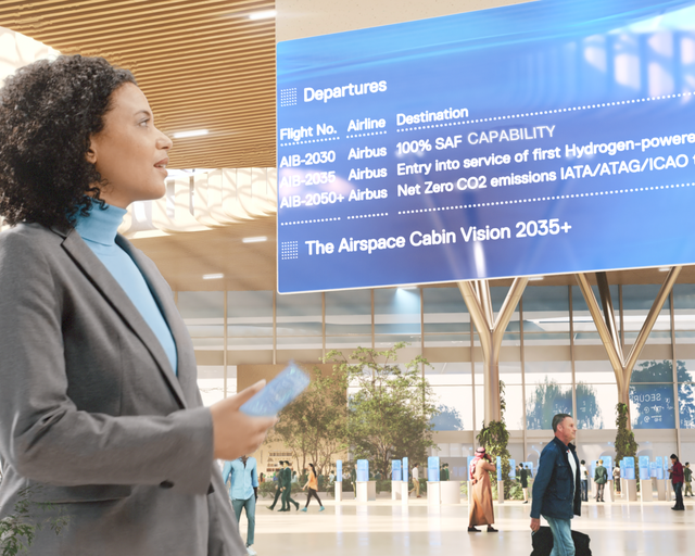 Airspace Vision - airport interior Airspace - Futuristic airport interior with a lady looking at the screen