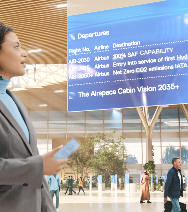 Airspace - Futuristic airport interior with a lady looking at the screen