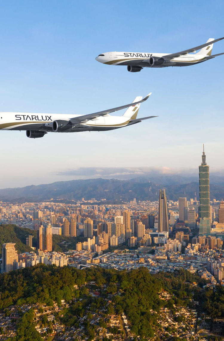 Rendering of Starlux A330neo and A350 flying over Taipei City Rendering of Starlux A330neo and A350 flying over Taipei City