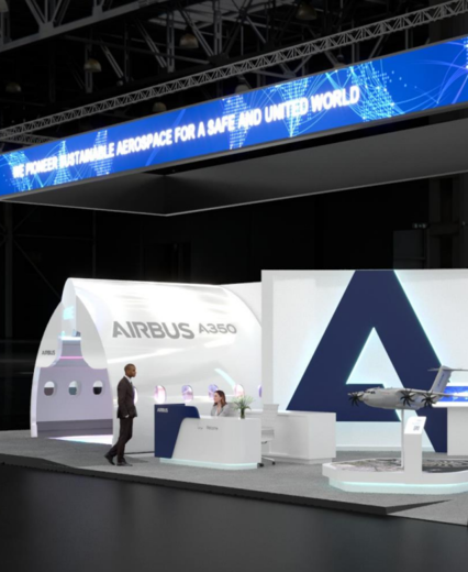 Preview of the Airbus booth for the Dubai Air Show 