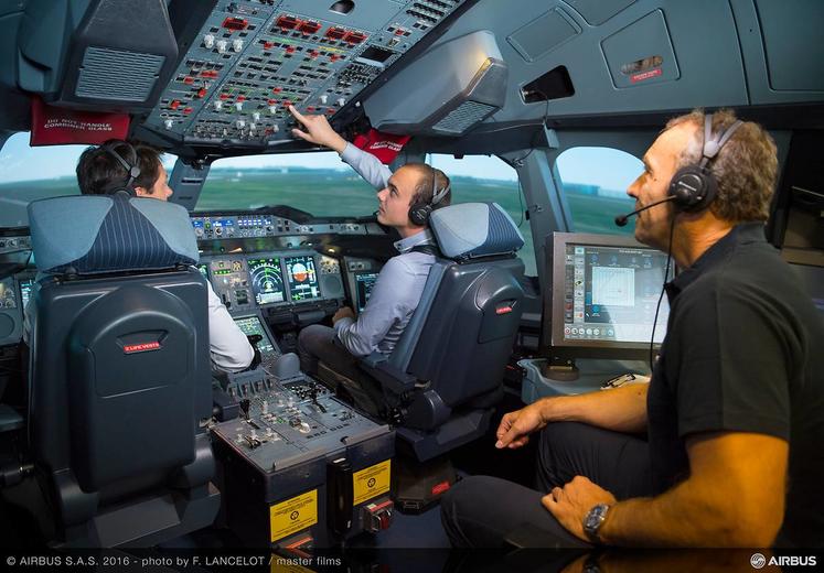 Three people in a full flight simulator during a flight training session