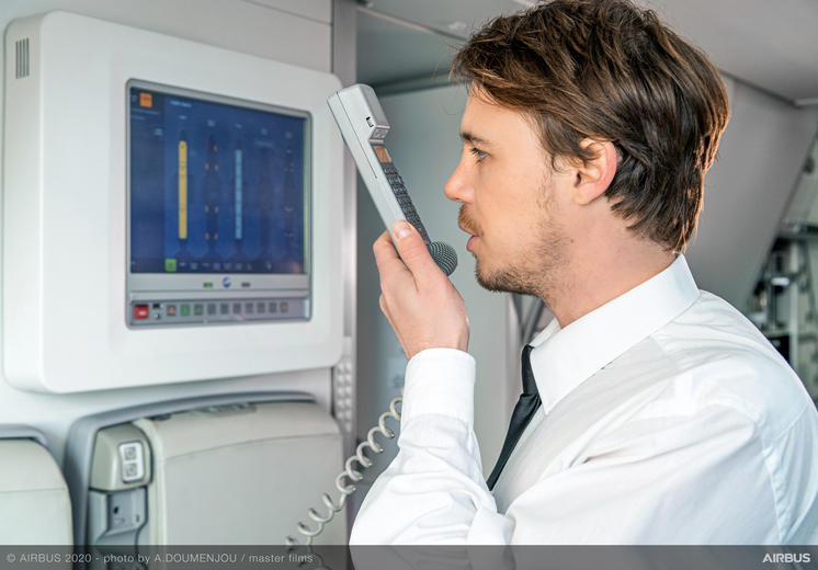 A flight attendant in uniform operating the Flight Attendant Panel (FAP) on the aircraft